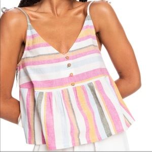 Roxy Pink, White, Yellow Striped Button Midriff Tank Top